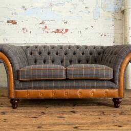 British Handmade 2 Seater Tan Tweed Chesterfield Sofa Vintage Leather Details - thumbnail 2
