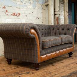 British Handmade 2 Seater Tan Tweed Chesterfield Sofa Vintage Leather Details - thumbnail 4