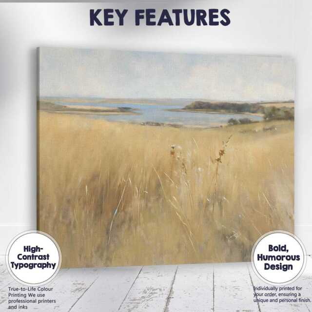Soft Coastal Lake View Golden Grassland Landscape Painting Canvas Wall Art Print Decor Picture Ready To Hang - image 1
