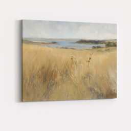 Soft Coastal Lake View Golden Grassland Landscape Painting Canvas Wall Art Print Decor Picture Ready To Hang - thumbnail 4