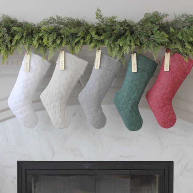 Personalized Christmas Stocking With Rustic Wood Name Tag - Customized Modern Xmas Holiday Family Stockings - image 1