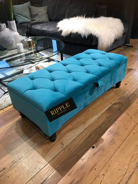 Aqua Colour Ottoman Footstool Upholstered in Velvet Fabric Handmade Buttoned Chesterfield Footrest, Coffee Table - image 1