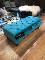 Aqua Colour Ottoman Footstool Upholstered in Velvet Fabric Handmade Buttoned Chesterfield Footrest, Coffee Table