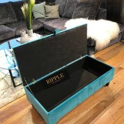 Aqua Colour Ottoman Footstool Upholstered in Velvet Fabric Handmade Buttoned Chesterfield Footrest, Coffee Table - thumbnail 3