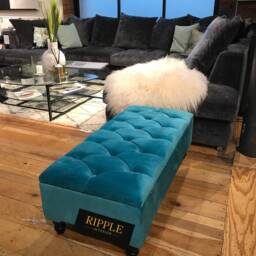 Aqua Colour Ottoman Footstool Upholstered in Velvet Fabric Handmade Buttoned Chesterfield Footrest, Coffee Table - thumbnail 2