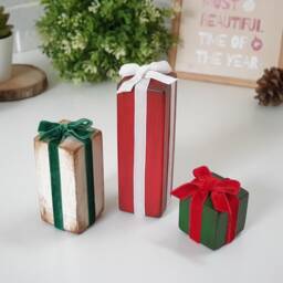 Wood Christmas Present, Mini Xmas Home Decor, Winter Tier Tray Rustic Wooden Block Gift Box - thumbnail 2