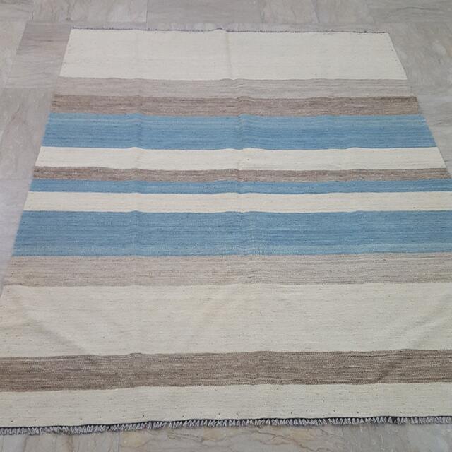"Striped Kilim Rug, Blue Striped Woolen Dhurrie Rug. Size 5'2"" X 6'8" - image 1