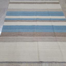 "Striped Kilim Rug, Blue Striped Woolen Dhurrie Rug. Size 5'2"" X 6'8" - thumbnail 3