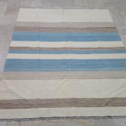 "Striped Kilim Rug, Blue Striped Woolen Dhurrie Rug. Size 5'2"" X 6'8" - thumbnail 1