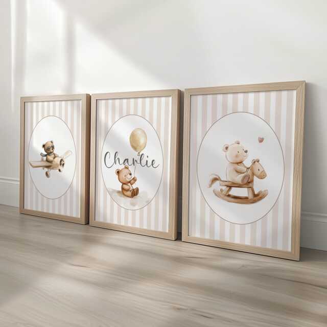 Teddy Bear Personalised Set Of 3 Prints, Boys Custom Name Posters, Girls Decor Wall Art Gift For Nursery, Bedroom Or Playroom, Beige Neutral - image 1