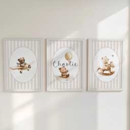 Teddy Bear Personalised Set Of 3 Prints, Boys Custom Name Posters, Girls Decor Wall Art Gift For Nursery, Bedroom Or Playroom, Beige Neutral - thumbnail 2