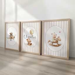 Teddy Bear Personalised Set Of 3 Prints, Boys Custom Name Posters, Girls Decor Wall Art Gift For Nursery, Bedroom Or Playroom, Beige Neutral - thumbnail 1