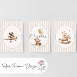 Teddy Bear Personalised Set Of 3 Prints, Boys Custom Name Posters, Girls Decor Wall Art Gift For Nursery, Bedroom Or Playroom, Beige Neutral - thumbnail 3