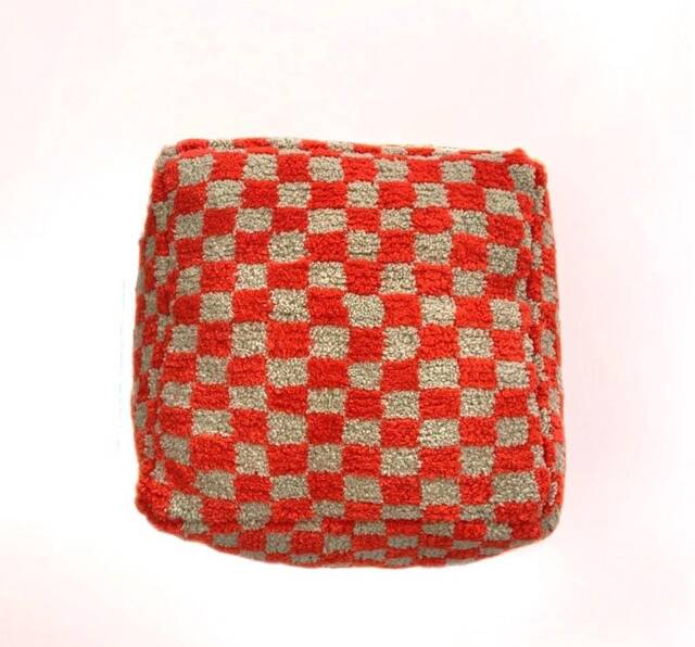Red Moroccan Checkered Wool Pouf Bohemian Floor Cushion Ottoman [Unstuffed] - image 1