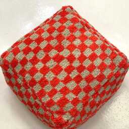 Red Moroccan Checkered Wool Pouf Bohemian Floor Cushion Ottoman [Unstuffed] - thumbnail 2
