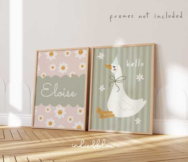 Set Of 2 Personalised Flower & Goose Prints, Name Wildflower Print, Childrens Bedroom Decor, Floral Pastel Wall Art - image 1