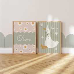 Set Of 2 Personalised Flower & Goose Prints, Name Wildflower Print, Childrens Bedroom Decor, Floral Pastel Wall Art - thumbnail 2
