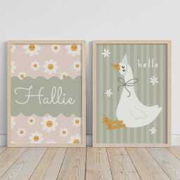 Set Of 2 Personalised Flower & Goose Prints, Name Wildflower Print, Childrens Bedroom Decor, Floral Pastel Wall Art - thumbnail 3