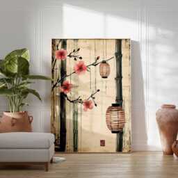 Japanese Bamboo Lantern Print, Cherry Blossom Asian Wall Art - thumbnail 4