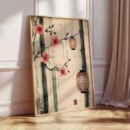 Japanese Bamboo Lantern Print, Cherry Blossom Asian Wall Art - thumbnail 2