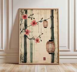 Japanese Bamboo Lantern Print, Cherry Blossom Asian Wall Art