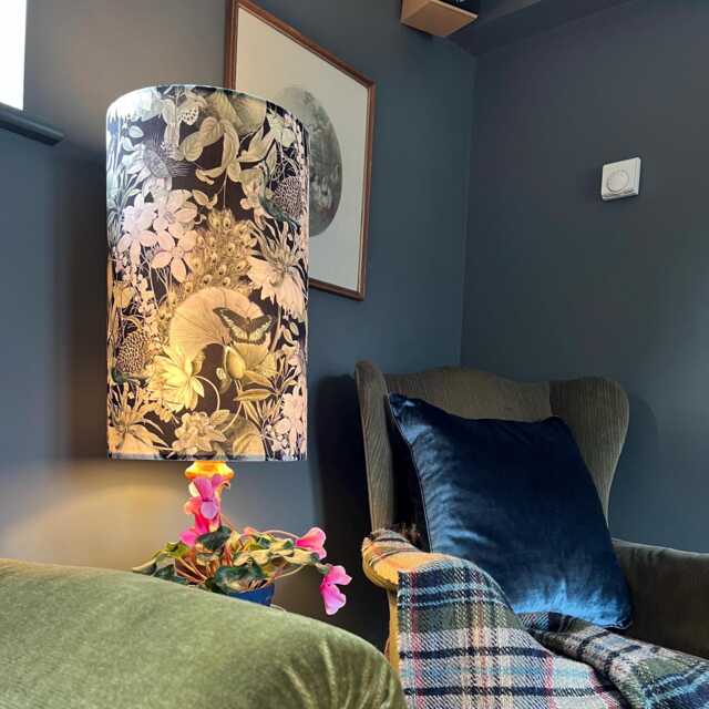 Peacock Butterfly Velvet Cylinder Lampshade, Extra Tall Lampshade Floral Peacock Velvet - image 1