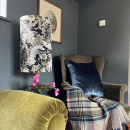 Peacock Butterfly Velvet Cylinder Lampshade, Extra Tall Lampshade Floral Peacock Velvet - thumbnail 2