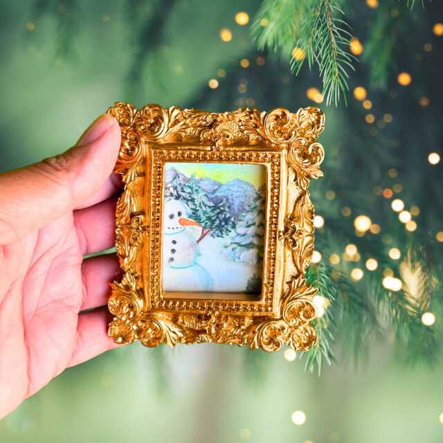 Snowman Mini Art Victorian-Style Frame - Winter Sunset Scene With Frosted Pine Trees Stocking Stuffer Holiday Decor Idea Wall Art Festive - image 1