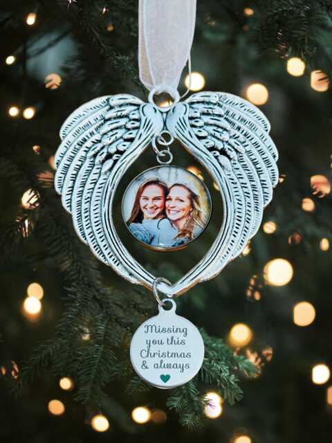 Personalised Christmas Tree Decoration, Tree Photo Bauble, Angel Wings Memorial Ornament, in Loving Memory Photo Gift - image 1