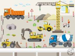 Construction Site Set Big Customizable Wall Decal - Children's Room Decor Crane, Excavator, Concrete Mixer, Dump Truck Hand-Drawn, Made in Germany