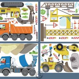 Construction Site Set Big Customizable Wall Decal - Children's Room Decor Crane, Excavator, Concrete Mixer, Dump Truck Hand-Drawn, Made in Germany - thumbnail 3