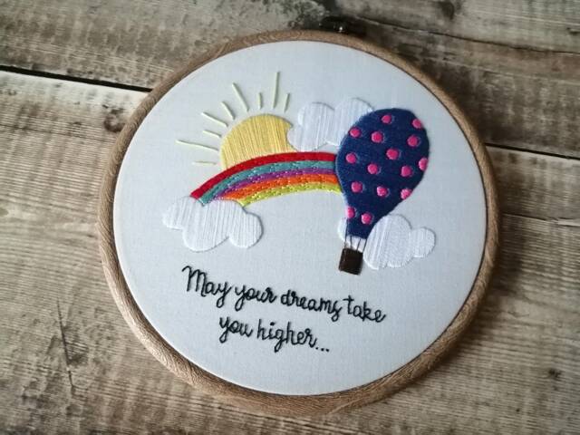 Hot Air Balloon Nursery Decor, Hand Embroidered Hoop, Baby Shower Gift, New Wall Hanging, Rainbow Decor - image 1