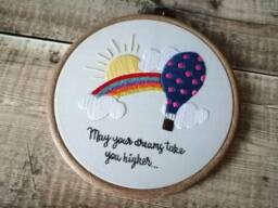 Hot Air Balloon Nursery Decor, Hand Embroidered Hoop, Baby Shower Gift, New Wall Hanging, Rainbow Decor - thumbnail 1