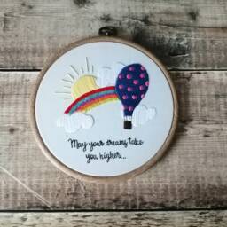 Hot Air Balloon Nursery Decor, Hand Embroidered Hoop, Baby Shower Gift, New Wall Hanging, Rainbow Decor - thumbnail 2