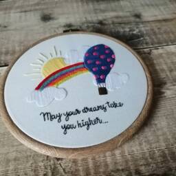 Hot Air Balloon Nursery Decor, Hand Embroidered Hoop, Baby Shower Gift, New Wall Hanging, Rainbow Decor - thumbnail 3