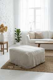 Linen Ottoman Cover, Custom Fitted Slipcover For Pouf & Footstool, Washable Natural Furniture Cover