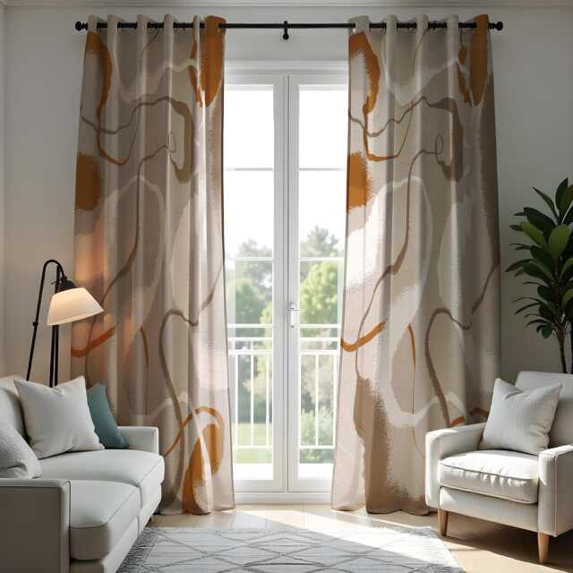 Abstract Neutral & Earthy Tone Curtains, Modern Minimalist Window Treatment, Artistic Fluid Lines Drapes, Custom Sizes Available - image 1