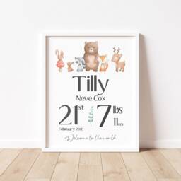 Personalised Birth Stats Print New Baby Gift - Woodland Animal Name For Newborn Boy Girl Childs Nursery Wall Art - thumbnail 3