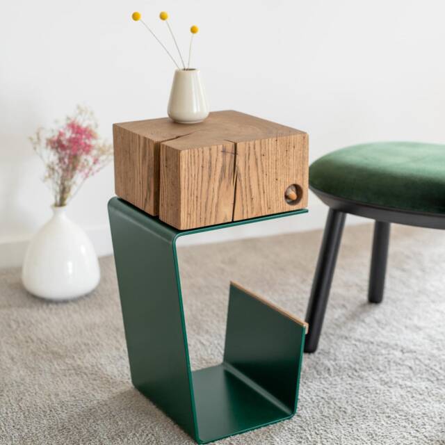 Dark Green Side Table Natural Oak Top, Modern Nightstand - image 1