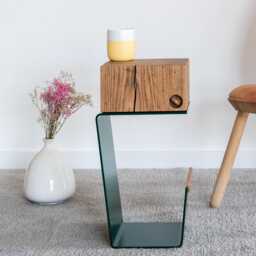 Dark Green Side Table Natural Oak Top, Modern Nightstand - thumbnail 2