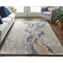 Hand Tufted Wool Oushak Rug, Modern Cream Gray Abstract Design, Living Room Area Rug - thumbnail 1