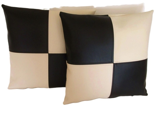 "2 Black & Cream Check Faux Leather Cushion Covers 16"" 18"" 20" - image 1