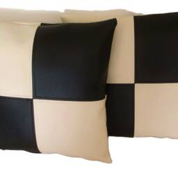 "2 Black & Cream Check Faux Leather Cushion Covers 16"" 18"" 20" - thumbnail 2