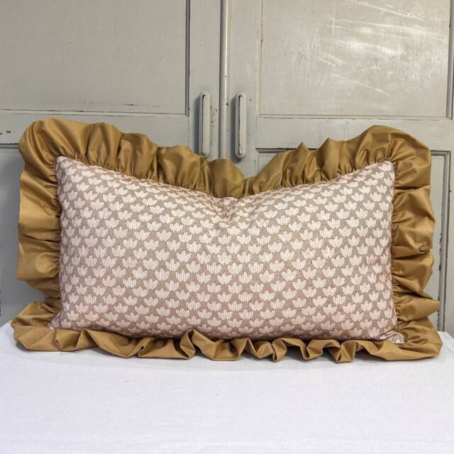 Cushions Made in Fermoie Eythorne Luxury Frilled Lumbar Beige Mustard Neutral Cotton Cushion Pillow Throw Cover - image 1