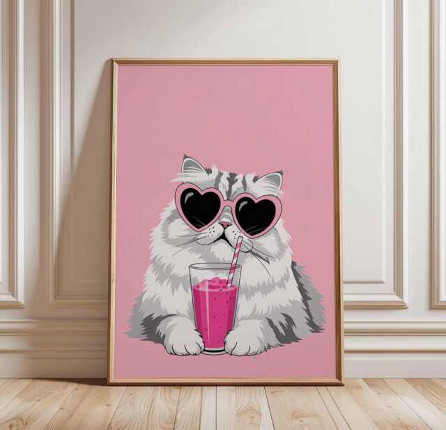 Cool Cat Wall Art Poster, Pink Drink Kitty Print, Heart Sunglasses Funny Art, Unframed Pop Style Decor For Animal & Lovers - image 1