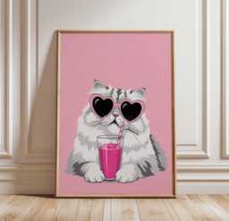 Cool Cat Wall Art Poster, Pink Drink Kitty Print, Heart Sunglasses Funny Art, Unframed Pop Style Decor For Animal & Lovers - thumbnail 1