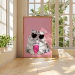 Cool Cat Wall Art Poster, Pink Drink Kitty Print, Heart Sunglasses Funny Art, Unframed Pop Style Decor For Animal & Lovers - thumbnail 3