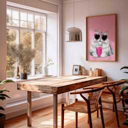 Cool Cat Wall Art Poster, Pink Drink Kitty Print, Heart Sunglasses Funny Art, Unframed Pop Style Decor For Animal & Lovers - thumbnail 2