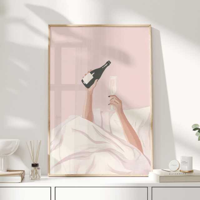 Champagne in Bed Print, Minimal Pink Bedroom Wall Art, Bubbly Bottle Illustration, Hen Party Decor, Modern Girly Poster - image 1