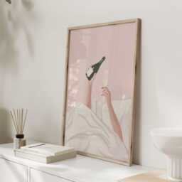 Champagne in Bed Print, Minimal Pink Bedroom Wall Art, Bubbly Bottle Illustration, Hen Party Decor, Modern Girly Poster - thumbnail 3